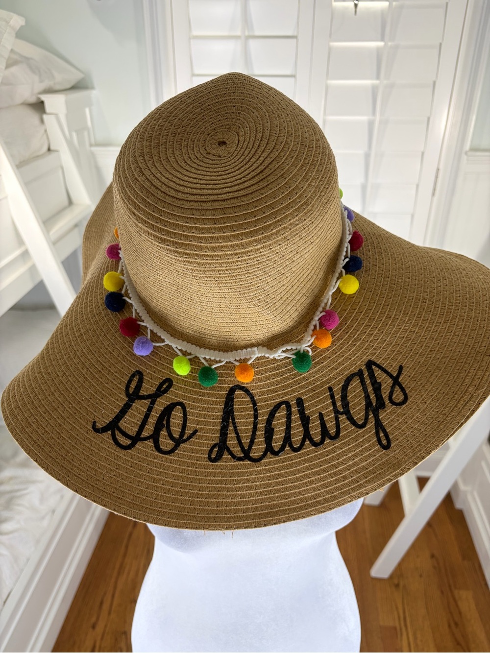 "Go Dawgs" Beach Straw Sun Hat with Pom Pom Floppy Brim Foldable